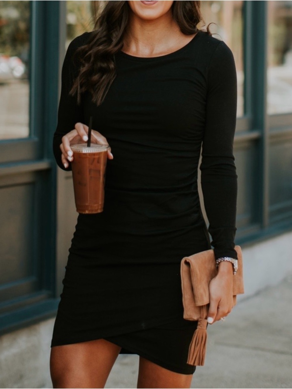 Leith Womens Medium Black Heather Ruched Long Sleeve Bodycon Jersey Knit Dress
